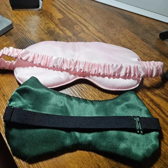 Set of 2 Satin Sleep Mask Pink  and Forest Green Super Cute Cat Embroidery - Picture 3 of 11